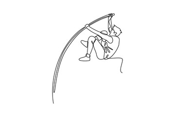 Single one line drawing active male athlete pole vaulter to pole bend during athletics competition. Dynamic approach to clearing impressive height. Continuous line design graphic vector illustration