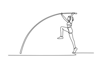 Single one line drawing female athlete on world championship ready to successfully jumping with pole over the bar. Sport achievement experience. Continuous line draw design graphic vector illustration