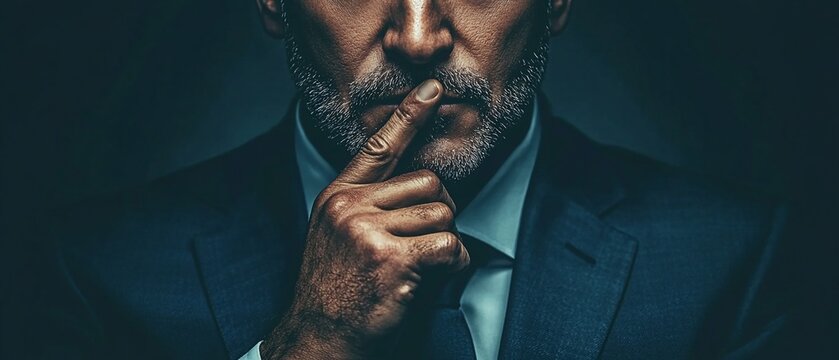 Close-up of a man in a suit, his finger on his lips, suggesting secrecy or discretion