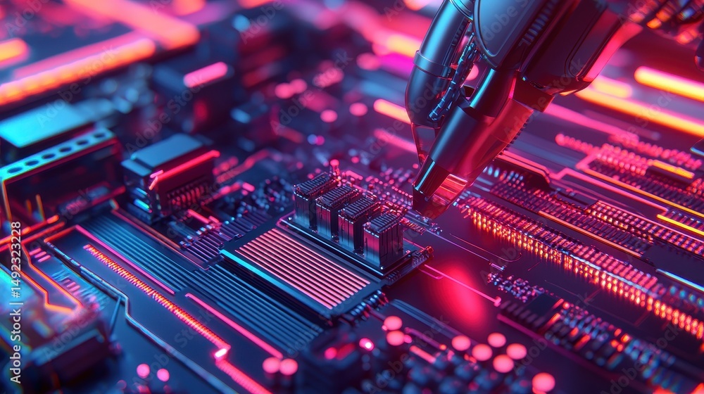 Aufkleber futuristic robotic arm operating on high-tech circuit board with colorful neon lights