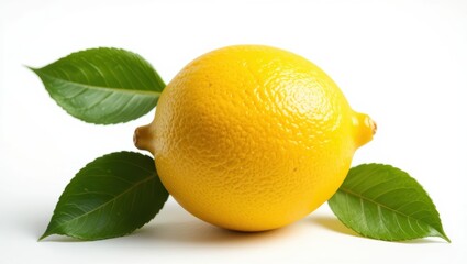 Fresh, Ripe Lemon with Green Leaves on White Background Highlighting Natural Beauty