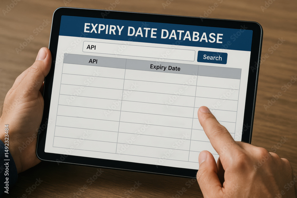 Poster expiry date database on tablet screen with active pharmaceutical ingredient search for api managemen