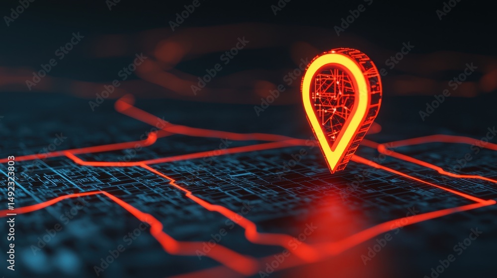Poster digital map marker with neon glow on abstract background for navigation and location based technolog
