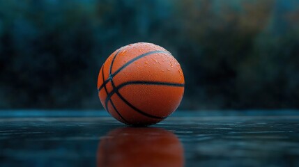 Close-up of an orange basketball covered in water droplets resting on a wet reflective surface with a dark blurred background