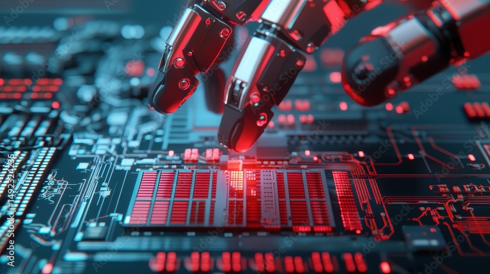 Poster futuristic robotic hand interacting with circuit board in high-tech environment of red and blue ligh
