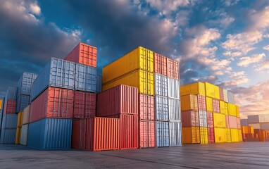 Fototapeta premium Colorful Shipping Containers in Industrial Port Setting Under Dramatic Sky: Symbolizing Global Business and Container Transport