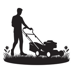 Man Mowing Lawn Silhouette Illustration Landscaping Service Promotion Art