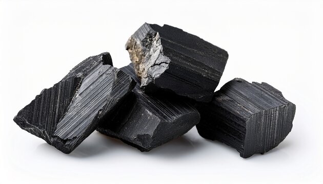 black pieces of mumiyo or shuddha shilajit isolated on white background