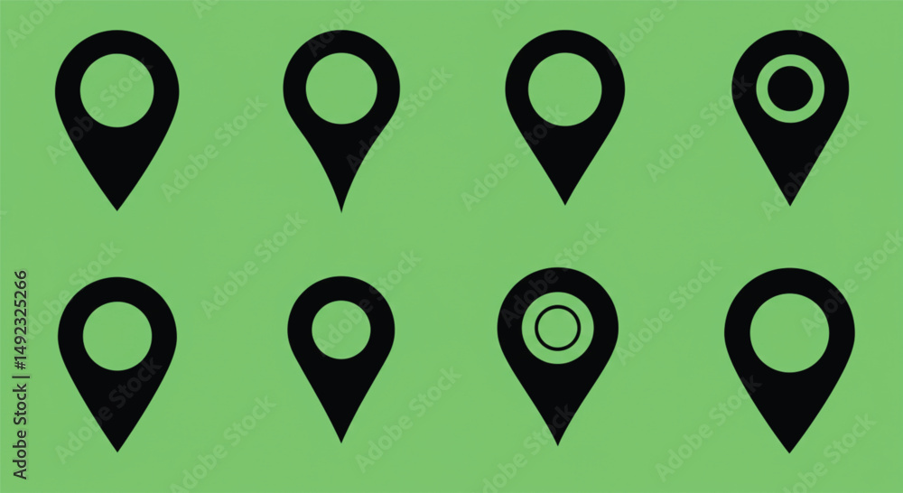 Poster black location pins on green background | vector map markers for website design, navigation apps, an