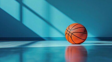 Orange basketball on a shiny indoor court floor with blue walls and light shadows creating a calm atmosphere