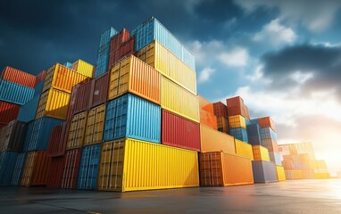 Fototapeta premium Large Stack of Colorful Shipping Containers in Industrial Port with Sunlight Through Dark Clouds: Capturing Commercial Cargo Management and Global Business