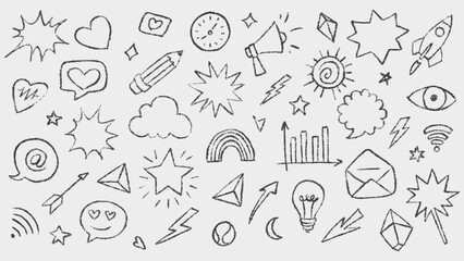 Collection of Hand Drawn Outline Doodles Including Various Symbols and Icons