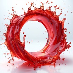 Vibrant red liquid forms a dynamic circular splash with numerous scattered droplets against a bright white backdrop