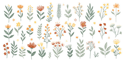 Spring crayon kid flower illustration with hand-drawn wildflowers