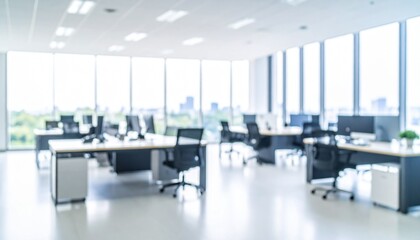 A softly blurred office interior with neutral tones and open-plan desks creates a clean, modern corporate atmosphere. Natural light streams through large windows, casting subtle highlights across the 