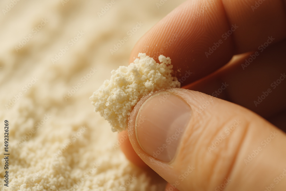 Poster pharmaceutical active ingredient powder held between fingers showing fine texture and granules of ap