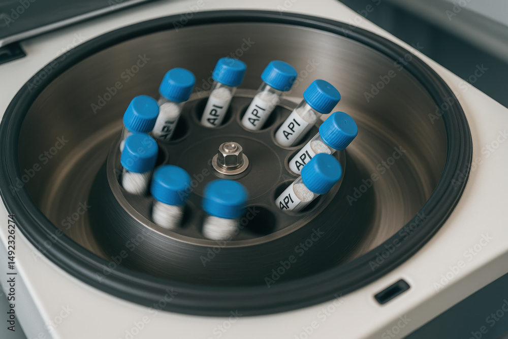 Poster pharmaceutical active ingredient api samples in test tubes are spun in laboratory centrifuge for pre
