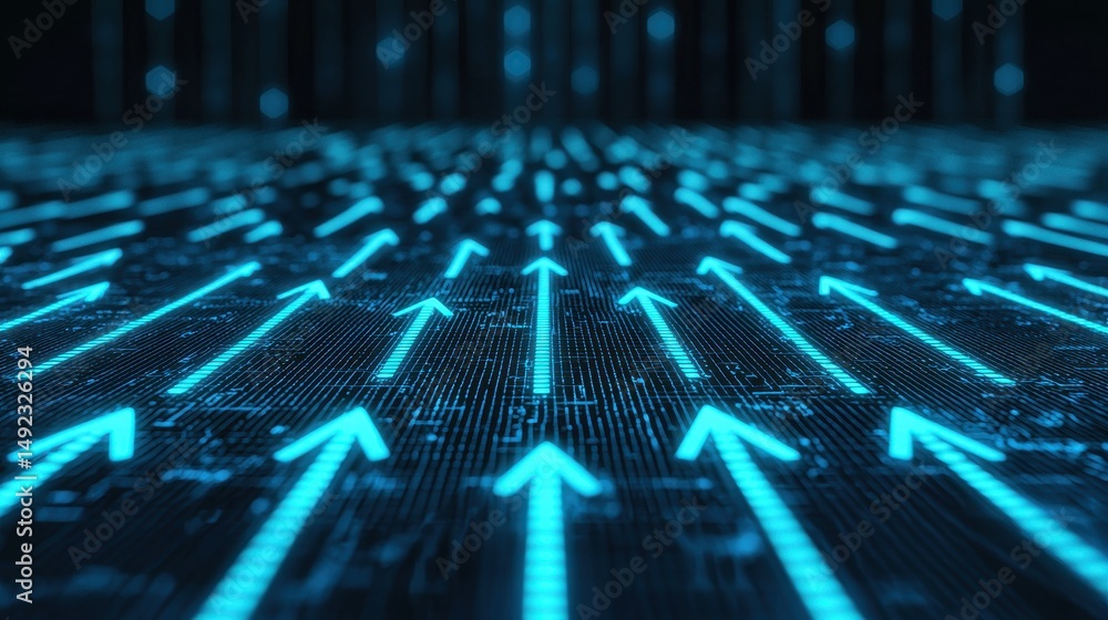 Fototapete blue neon arrows pointing upward on digital circuit board background for abstract technology themes