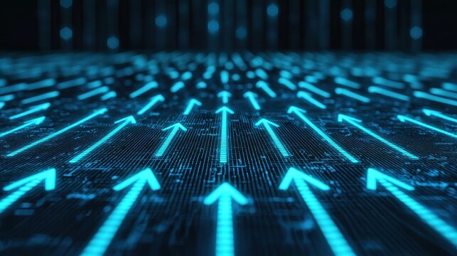 Blue Neon Arrows Pointing Upward on Digital Circuit Board Background for Abstract Technology Themes