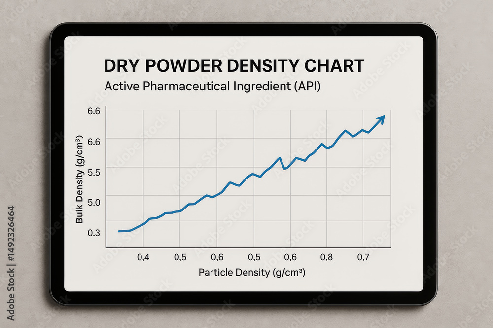 Poster dry powder density chart illustrates relationship between particle density and bulk density for acti