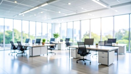 A softly blurred office interior with neutral tones and open-plan desks creates a clean, modern corporate atmosphere. Natural light streams through large windows, casting subtle highlights across the 