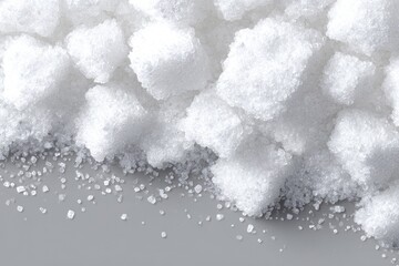 Close-up of granulated sugar cubes.  A pile of white sugar cubes on a gray surface