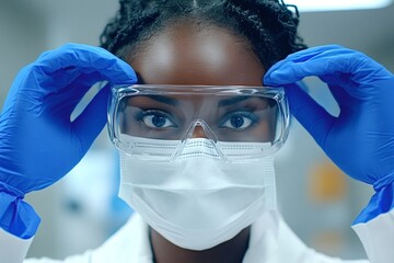 Close-up of a young female scientist adjusting her protective glasses while wearing a face mask and gloves, demonstrating safety and precision in a laboratory setting