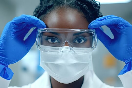 Close-up of a young female scientist adjusting her protective glasses while wearing a face mask and gloves, demonstrating safety and precision in a laboratory setting - Powered by Adobe