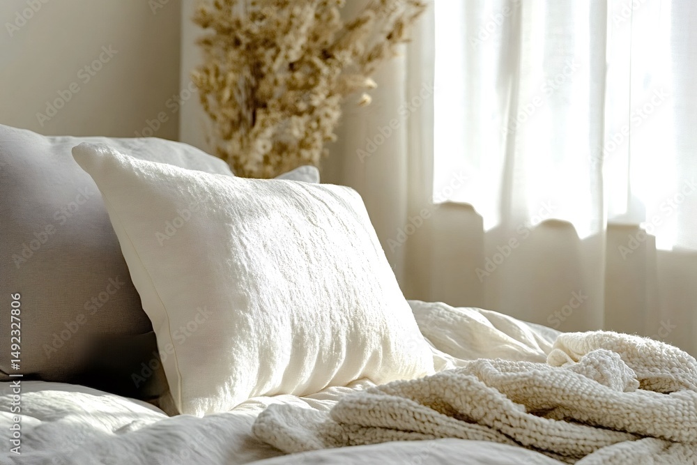 Poster sunlight streaming through the window fills a cozy bedroom, highlighting crumpled blankets and soft 