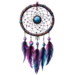 Intricate dreamcatcher with cosmic feathers, cut out transparent