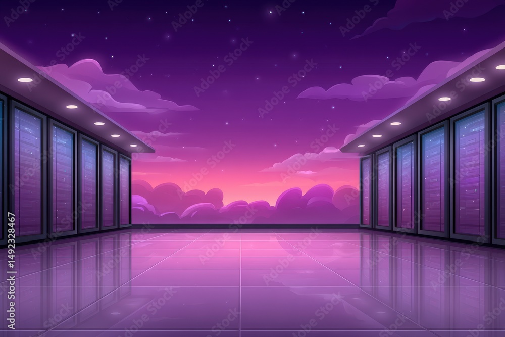 Poster digital infrastructure hub under a stunning purple pink sunset sky showcasing advanced technology an