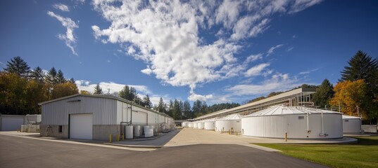 Obraz premium The scene of an oil refinery plant in the industry zone, complete with lush green trees and a blue sky, is one of large-scale oil and gas petrochemical industries, refinery factories, oil storage