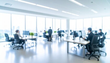 A softly blurred office interior with neutral tones and open-plan desks creates a clean, modern corporate atmosphere. Natural light streams through large windows, casting subtle highlights across the 