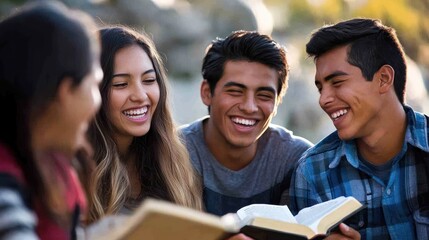 Happy teens reading Bible outdoors, nature background, youth group