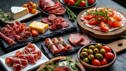 Fototapeta premium Delicious antipasti platter with charcuterie and cheese