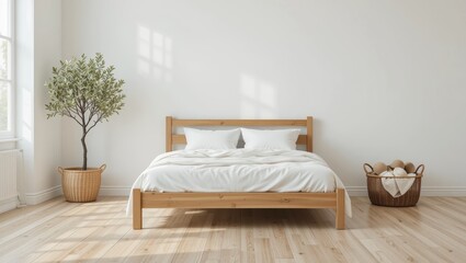 Minimalist Bedroom Interior Featuring Wooden Bed and Soft White Bedding with Natural Lighting