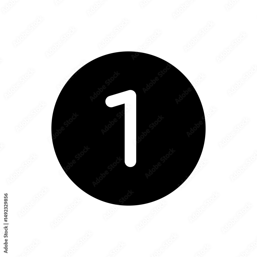 Poster illustration of the number one in white color inside a black circle on a white background in simple 