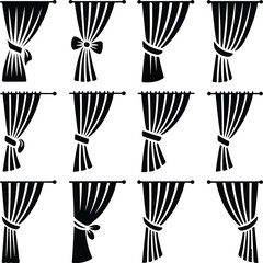 Tied Back Curtains Silhouette Set – Elegant Window Decor Icons Curtain Icon Silhouettes – Home Interior Drapes and Blinds Vector Set