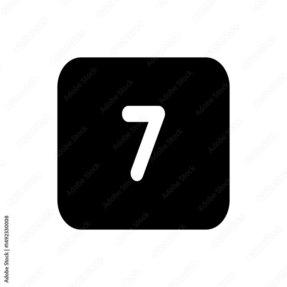 Poster a white number seven on a black rounded rectangle representing numerical symbol and graphic element 