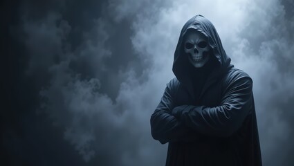 Mysterious hooded figure with skull mask standing in dark atmosphere with smoke and shadows