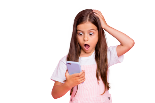 Photo of little lady free time hands hold telephone reader bad news watch date holidays over wear overall isolated pink background