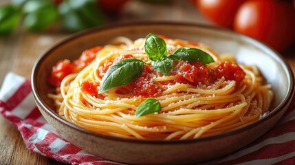 Close-up of a plate of spaghetti with tomato sauce, fresh basil leaves, and grated cheese on a rustic table with tomatoes in the background