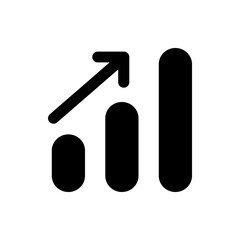 Black and white graph icon showing upward trend and growth with three bars and an arrow pointing up