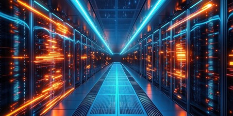Futuristic data center corridor with glowing blue and orange lights illuminating server racks on both sides creating a high-tech atmosphere