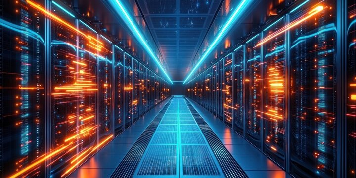 Futuristic data center corridor with glowing blue and orange lights illuminating server racks on both sides creating a high-tech atmosphere