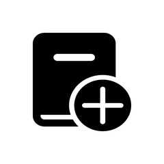 A black and white icon depicting a book with a plus sign overlayed indicating an addition or creation action