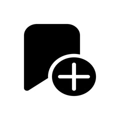 Black icon of a speech bubble with rounded edges and a plus sign inside of a circle on a white background