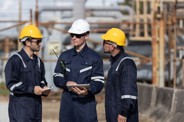 Three workers in safety helmets and dark uniforms are engaged in a discussion at industrial site...