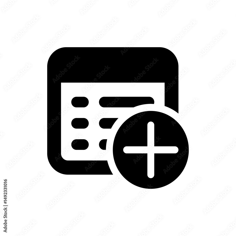 Poster black calendar icon with rounded corners and a plus sign inside a circle on the bottom right corner