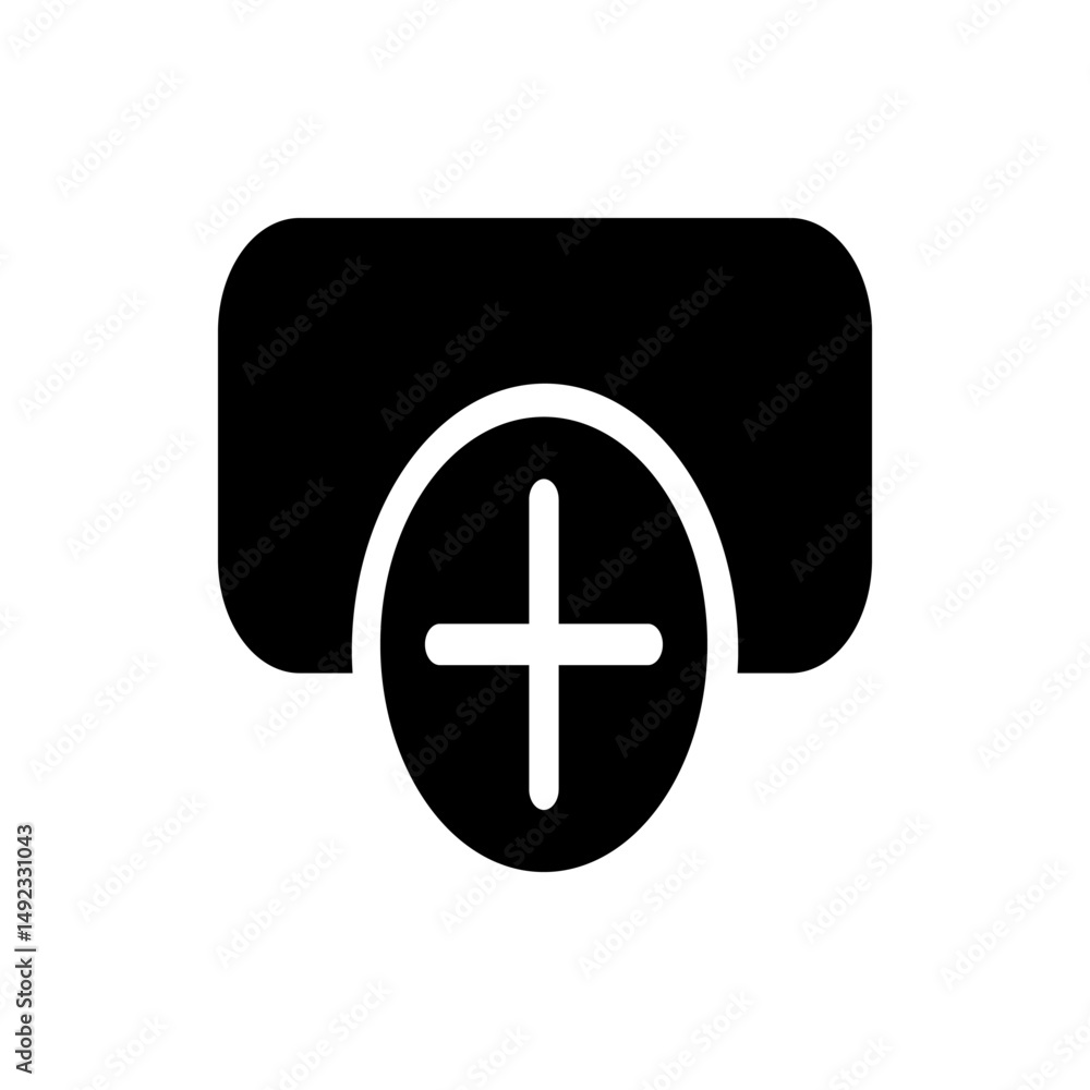 Aufkleber a black rounded rectangle with a plus sign inside a circle overlapping the rectangle at the bottom c